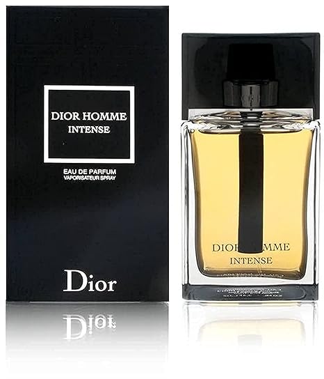 Dior Homme Intense perfume bottle and packaging on a black background