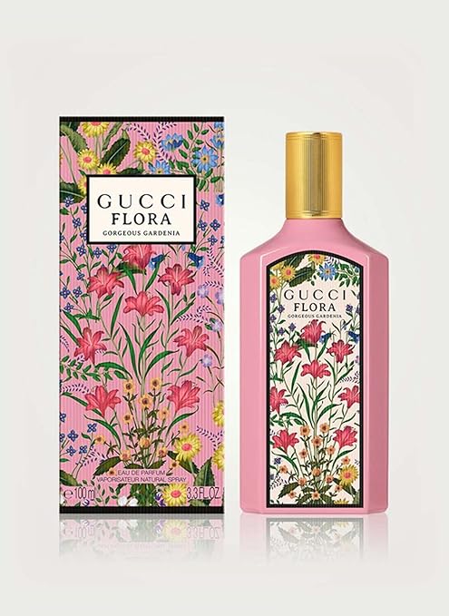 Gucci Flora perfume bottle and packaging with floral design on a white background