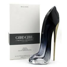 High-heeled shoe with 'Good Girl' perfume bottle and packaging on a white background