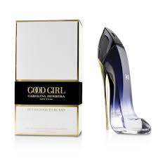 High-heeled shoe with 'Good Girl' perfume bottle and packaging on a white background