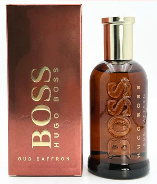 Hugo Boss Oud Saffron perfume bottle and packaging on a white background