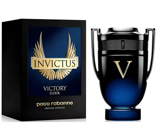 Paco Rabanne Invictus Victory Elixir perfume bottle and packaging on a white background