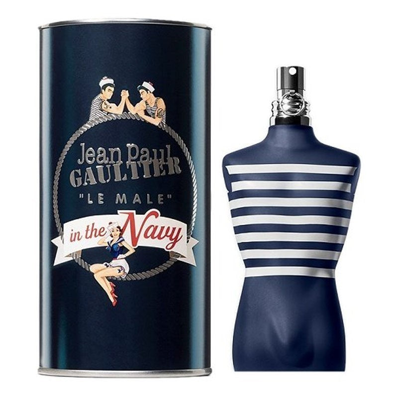 Perfume bottle and packaging of Jean Paul Gaultier Le Male in the Navy on a white background