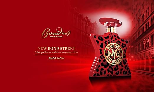 Red perfume bottle with black leopard print and 'Bond No. 9 New Bond St.' logo on a white background