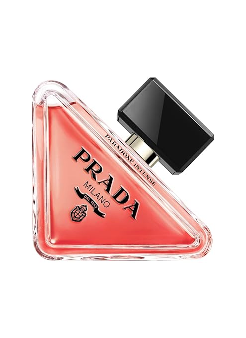Prada Milano perfume bottle with a triangular design on a white background
