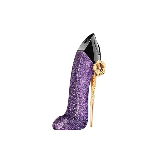 Purple high-heeled shoe-shaped Carolina Herrera Good Girl Dazzling Garden perfume bottle on a white background