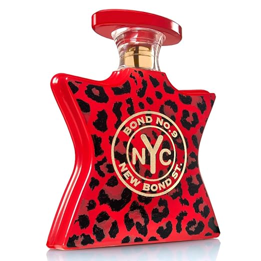 Red perfume bottle with black leopard print and 'Bond No. 9 New Bond St.' logo on a white background