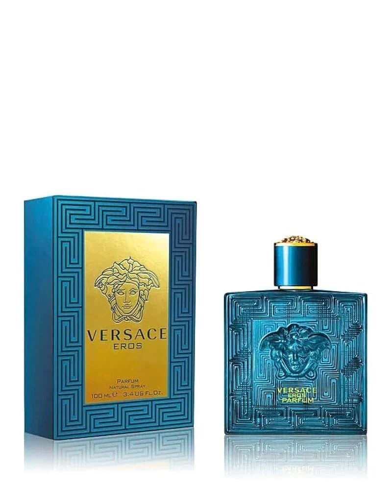 Versace Eros Parfum bottle with blue geometric design